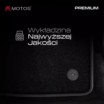 Dywaniki welurowe MOTOS Premium™ do Mazda 5 I 1999-2005 - Czarna lamówka skórzana (błyszcząca) obszyta czarną nicią 7 osobowy, 5 osobowy