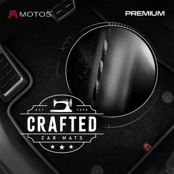 Dywaniki welurowe MOTOS Premium™ do Dodge Durango III od 2011 - Czarna lamówka skórzana (błyszcząca) obszyta czarną nicią, 5 osobowy