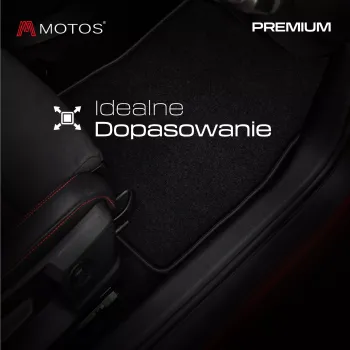Dywaniki welurowe MOTOS Premium™ do Peugeot e-208 od 2019 - Czarna lamówka matowa (nubuk) obszyta czarną nicią