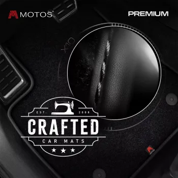 Dywaniki welurowe MOTOS Premium™ do Dodge RAM 1500 V od 2019 - Czarna lamówka matowa (nubuk) obszyta czarną nicią, wersja długa (Long)
