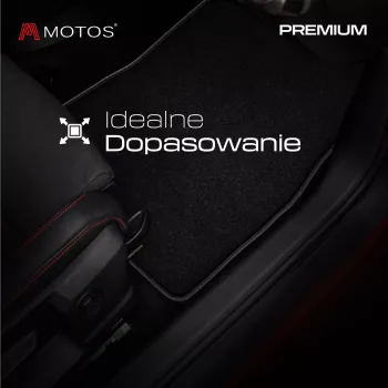 Dywaniki welurowe MOTOS Premium™ do Opel Corsa-e od 2020 - Czarna lamówka skórzana (błyszcząca) obszyta niebieską nicią