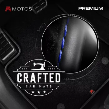 Dywaniki welurowe MOTOS Premium™ do Dodge RAM 1500 IV 2013-2018 - Czarna lamówka skórzana (błyszcząca) obszyta niebieską nicią wersja krótka, wersja d