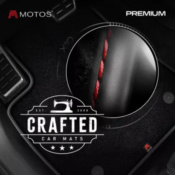 Dywaniki welurowe MOTOS Premium™ do Dodge RAM 1500 V od 2019 - Czarna lamówka skórzana (błyszcząca) obszyta czerwoną nicią, wersja długa (Long)