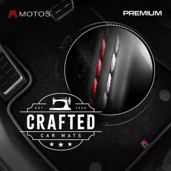 Dywaniki welurowe MOTOS Premium™ do Nissan Pathfinder III R51 2010-2014 - Czarna lamówka skórzana (błyszcząca) obszyta czerwoną i białą nicią, po lift
