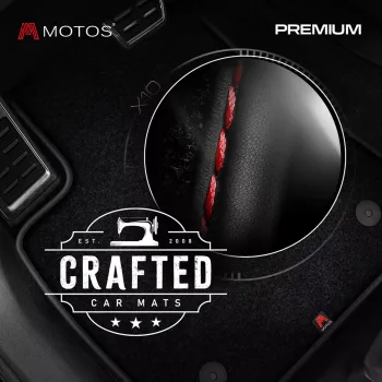 Dywaniki welurowe MOTOS Premium™ do Chevrolet Corvette C7 2013-2019 - Czarna lamówka matowa (nubuk) obszyta czerwoną nicią