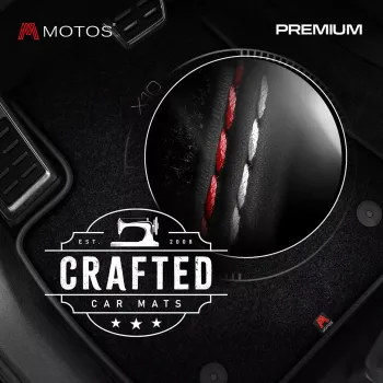 Dywaniki welurowe MOTOS Premium™ do Subaru Impreza V GK 2016-2023 - Czarna lamówka matowa (nubuk) obszyta czerwoną i białą nicią